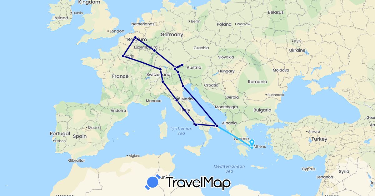TravelMap itinerary: driving, boat in Austria, Belgium, Switzerland, Germany, France, Greece, Italy (Europe)